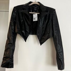 Cropped faux leather blazer